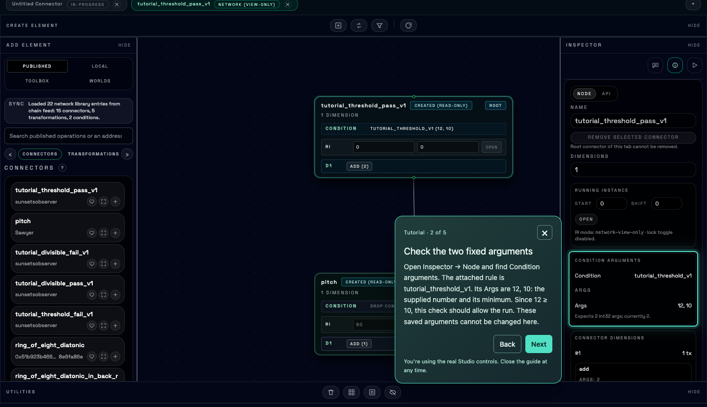 Studio screenshot: a tutorial popup highlights the published threshold connector’s condition arguments, 12 and 10.