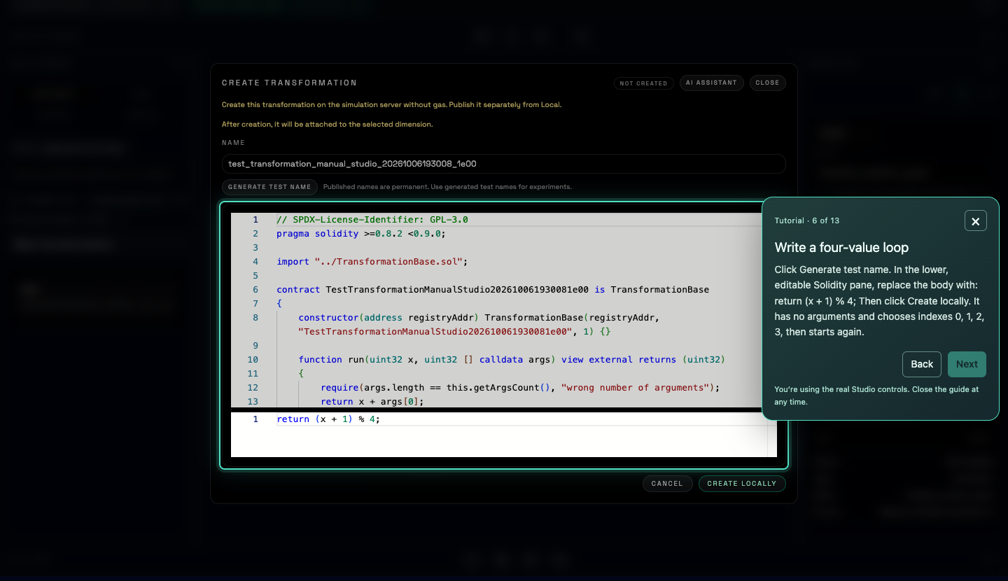 Studio screenshot: a tutorial popup points to the editable Solidity snippet for a custom transformation.