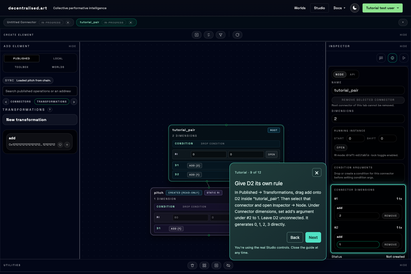 Studio screenshot: the multidimensional walkthrough shows D1 referencing pitch and D2 using add directly in the same connector.