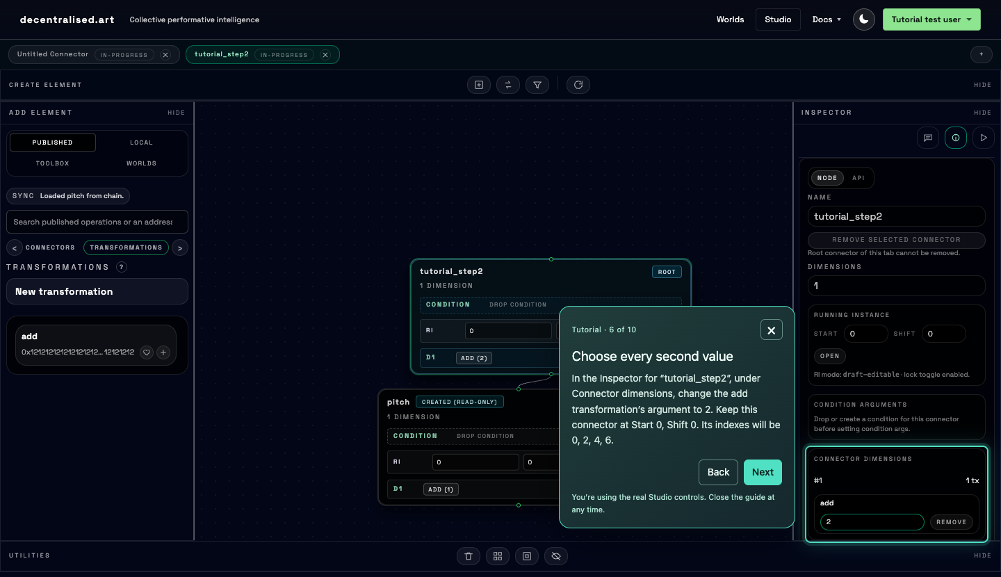 Studio screenshot: the draft walkthrough points to the selecting rule in the Inspector.