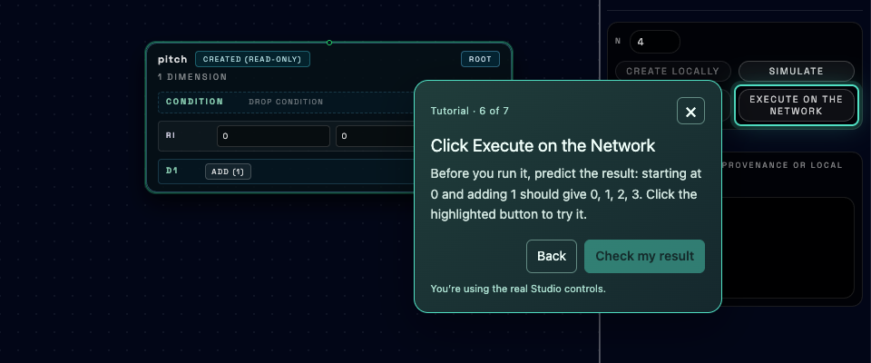 Studio screenshot: a tutorial popup beside pitch highlights Execute on the Network.