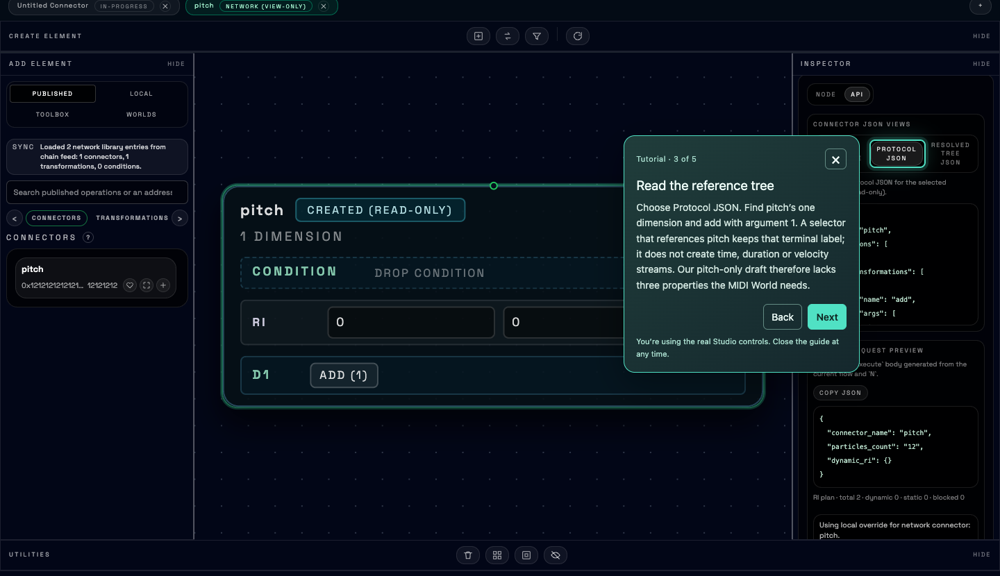 Studio screenshot: the tutorial highlights pitch’s Protocol JSON view.