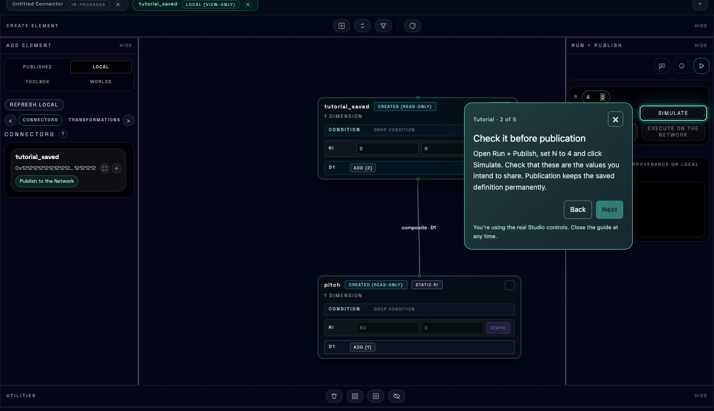 Studio screenshot: a tutorial popup highlights Simulate to check a saved draft before publication.