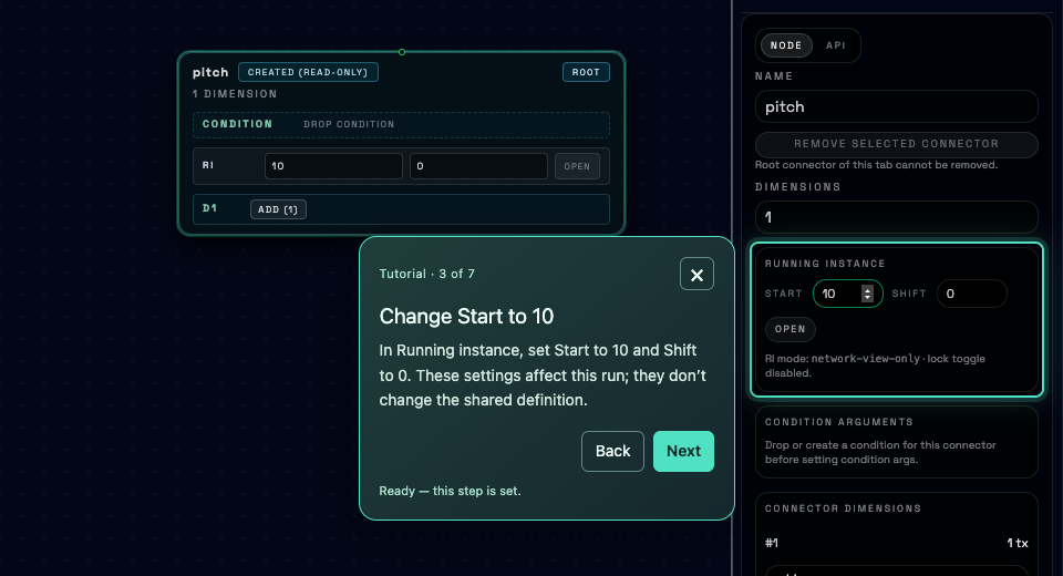 Studio screenshot: the Change Start to 10 tutorial popup highlights Running instance in the Inspector.